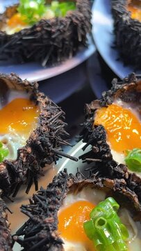 Fresh opened Sea Urchins with quail egg and soy sauce on plate close-up urchins with ice, ready to eat. Border design, delicatessen food. Traditional Mediterranean food. Roe. Sea food closeup