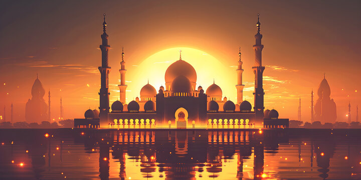 Illustration of a beautiful shiny mosque and Ramadan Islamic culture icon with beautiful sunlight. Perfect for religious and cultural events, holidays, and celebrations.