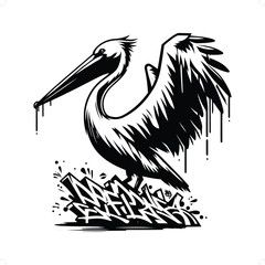 Pelican silhouette, animal graffiti tag, hip hop, street art typography illustration.