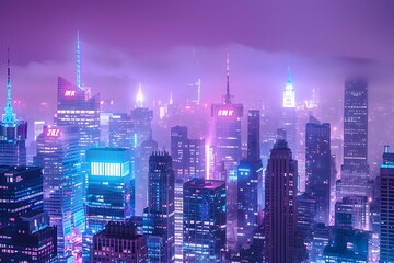 : A cityscape at night with skyscrapers illuminated by neon lights.