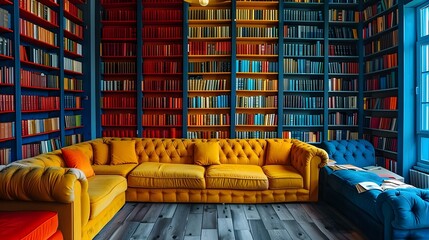 Vibrant Book Haven: A Reader's Dream Corner. Concept Bookshelf Organization, Cozy Reading Nook - obrazy, fototapety, plakaty