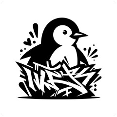 Penguin silhouette, animal graffiti tag, hip hop, street art typography illustration.