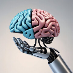 Robot hand holds a brain. Artificial intelligence. Creation of the mind, man-machine union, singularity, consciousness, futuristic technology.