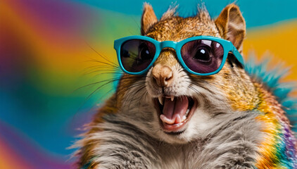 Cute colorful squirrel with sunglasses. Advertising, banner, discount, party. Screaming rodent, furry animal.
