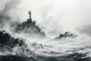 Majestic Lighthouse Standing Firm Amidst a Turbulent Winter Hurricane - 789667866