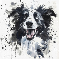 Ink Wash Serenade.Euphoric Collie Dog Singing in Monochrome