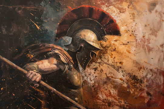 Mighty Spartan Warrior Defending With Spear