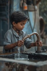 an Indian child boy draws water into a glass from a public street tap. Poverty. Lack of clean drinking water.