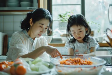 Naklejka premium Korean mother and daughter prepare kimchi. Parenting, cooking together. Care. Asia