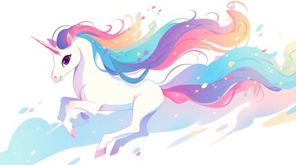 A vibrant unicorn sporting a long colorful tail is depicted against a pristine white backdrop in this dynamic 2d illustration Perfect for embellishing bags cups sketchbooks as well as servin - obrazy, fototapety, plakaty