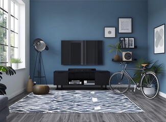 Modern blue living room interior with a vintage bicycle
