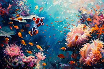 : A coral reef teeming with colorful fish and sea anemones.