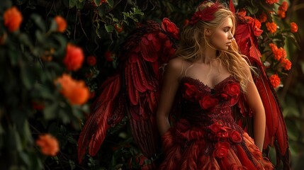 A woman in a red dress with wings is performing in a garden