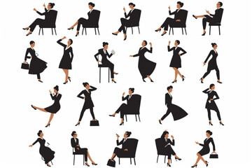 Mature businesswoman in various actions on a white background. Vector illustration in flat style vector icon, white background, black colour icon