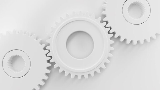 Looping White gears Cogwheel in a machine rotating. Logo Title template. Gears working in the machinery. Top view