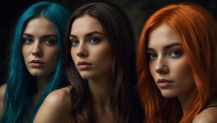 An eclectic mix of six stunning women, each with their own unique hair color and skin tone, captured in a dynamic and visually striking photograph.