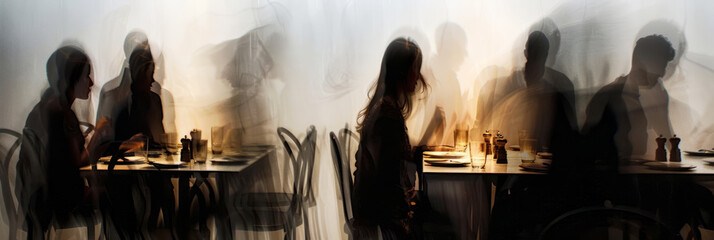 a long exposure photograph of multiple people restaurant visitors, motion blur