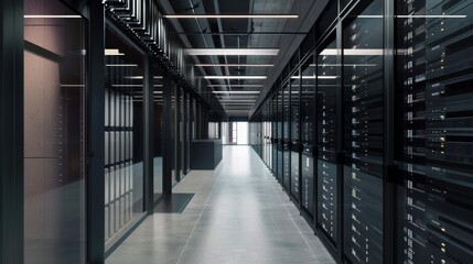 Modern architectural perspective of a data center hallway with ambient lighting. State-of-the-art information technology infrastructure. Direct view into the tech-enabled future of data storage.