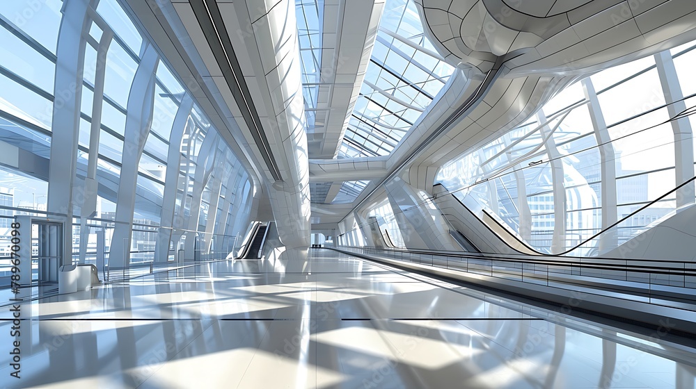 Poster a sleek futuristic train station with curvaceous architecture, featuring smooth lines and high-tech 