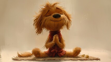 Shaggy dog with closed eyes in a meditative pose. A serene animal enjoying mindfulness and peace. A digital illustration of a fluffy dog radiating tranquility and contentment.