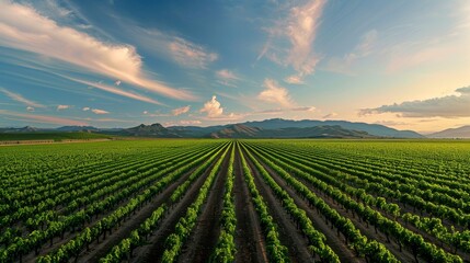 Serene vineyard landscape under a sunset sky with dynamic clouds. Scenic agricultural rows leading to distant mountains. Panoramic view of viticulture and farming.