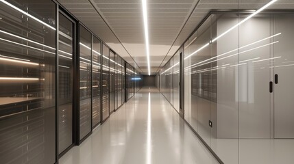 Sleek modern data center corridor with reflective surfaces and monochromatic design. Secure corporate network infrastructure theme. Technological interior with linear lighting and glass walls.