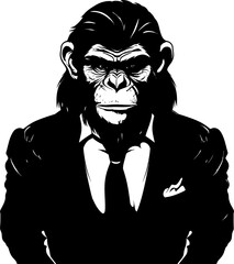 Chimpanzee Couture Suited Primate in Formal Attire Vector Emblem Distinguished Darlings Long Haired Chimpanzee Wearing Suit Icon