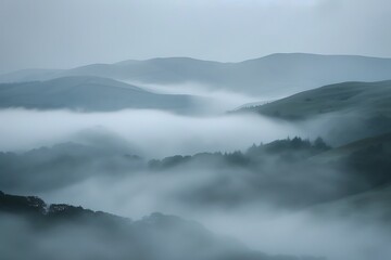 : A dense fog settling over a hilly terrain, with a gentle drizzle blurring the distant hills