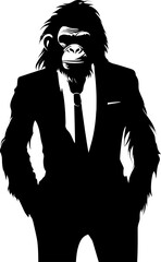 Prim and Proper Suited Chimpanzee Icon Emblem Sleek and Sophisticated Long Haired Chimp in Suit Vector Design