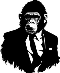 Elegant Ensemble Suited Chimpanzee Logo Vector Chic Chimps Stylish Long Haired Chimpanzee in Suit Emblem Design