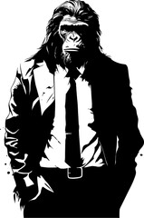 Chic Chimps Long Haired Chimpanzee in Formal Attire Icon Vector Design Primate Professionals Stylish Chimpanzee Suit Emblem Logo