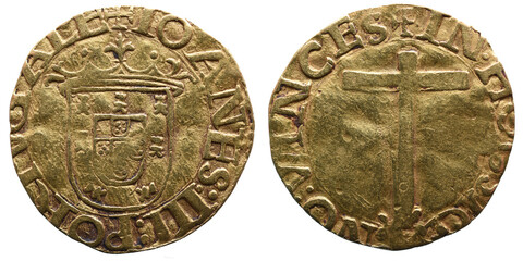 Old Portuguese Gold coin from the reign of João III king of Portugal in the 16th century
