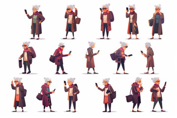 Fototapeta na wymiar Mature woman character set. Elderly woman thinks, idea, tired. Pensioner with a gadget, uses a smartphone 3D avatars set vector icon, white background, black colour icon