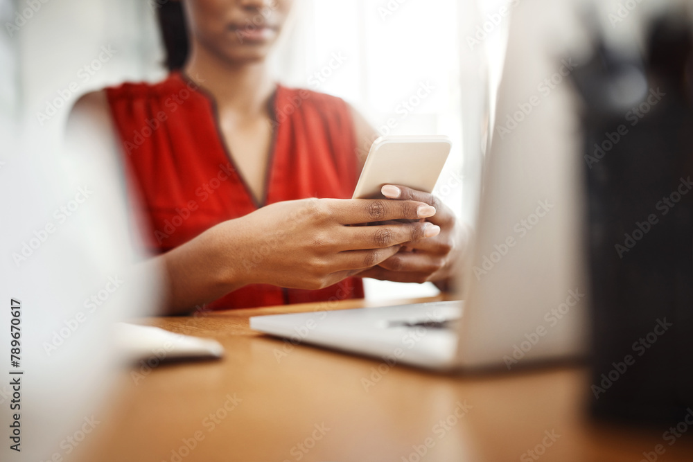 Poster woman, laptop or hands with mobile in home office for social media, internet post or website notific