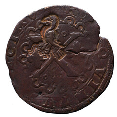 Old Portuguese X Reis Copper coin with Bird Mark from the reign of António I king of Portugal in...