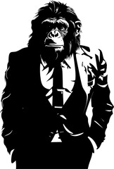 Executive Elegance Long Haired Chimpanzee Suit Emblem Chic Chimp Charm Suave Chimpanzee Icon in Suit Vector