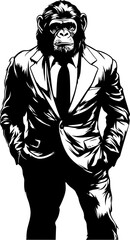 Executive Elegance Stylish Chimpanzee in Formal Attire Emblem Chic Chimp Charm Long Haired Chimpanzee Suit Logo