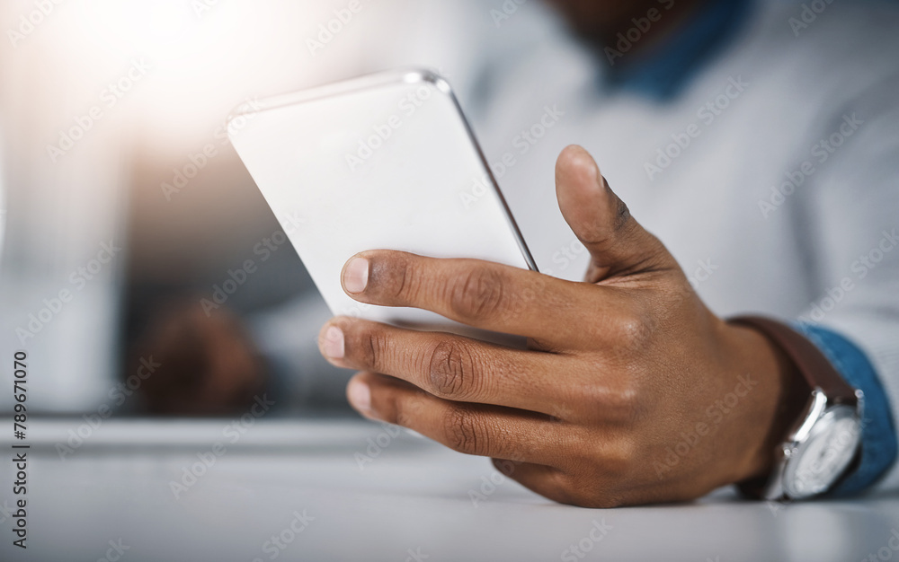 Aufkleber scroll, phone and hand of man at desk for communication, networking or online research at tech start