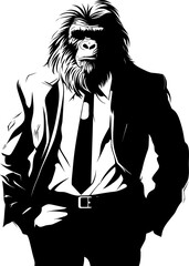 Chic Chimp Charm Stylish Chimpanzee in Business Suit Vector Emblem Sartorial Simians Long Haired Chimpanzee in Suit Logo