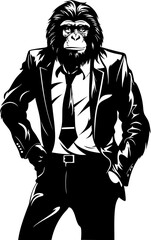 Formal Finesse Suave Chimpanzee in Suit Logo Design Tailored Sophistication Long Haired Chimp Vector Emblem