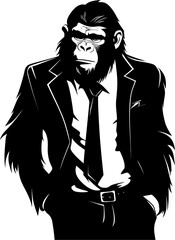 Elegant Evolution Stylish Chimpanzee Suit Logo Dapper Primate Designs Long Haired Chimpanzee in Suit Vector Icon