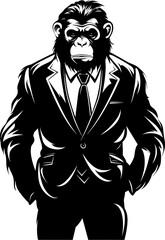Suave Simian Sophistication Stylish Primate Vector Logo Chic Chimp Couture Long Haired Chimpanzee Suit Icon Design