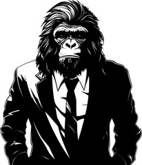 Executive Elegance Stylish Chimpanzee in Suit Logo Chic Chimp Charm Suave Long Haired Chimpanzee Emblem