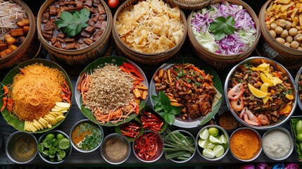 colorful spread of Thai street food, including pad Thai, som tum, and mango sticky rice, showcasing the diversity of Thai cuisine. - obrazy, fototapety, plakaty
