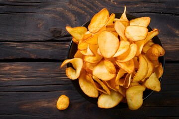 Golden crispy potato chips on wooden background with copy space