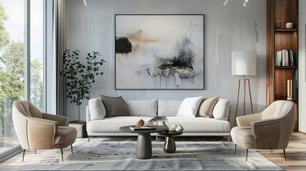 contemporary living room with designer furniture and abstract artwork, creating a space that feels effortlessly modern and chic. - obrazy, fototapety, plakaty