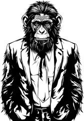 Suave Simian Style Long Haired Chimpanzee Vector Emblem Elegant Evolution Suited Chimpanzee Icon Emblem