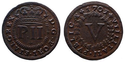 Old Portuguese V Réis Copper coin from the reign of Pedro II king of Portugal in the 17th century