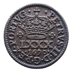 Old Portuguese Silver coin from the reign of Pedro II king of Portugal in the 17th century