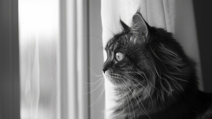 fluffy cat gazes out the window, a gentle smile on its face as it watches the world go by with contentment.